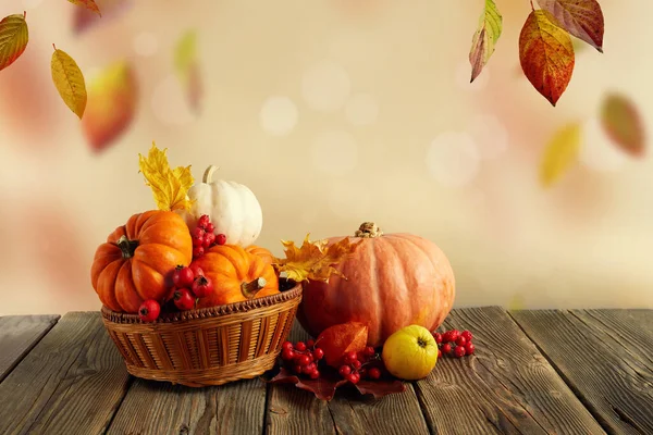 Thanksgiving pompoenen, herfst bladeren en bessen op houten tafel. Herfst achtergrond met vallende bladeren. — Stockfoto