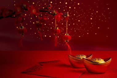 Chinese New Year background with sakura branch and lanterns. Coins with New Year wishes of joy and prosperity.