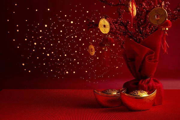 Chinese New Year background. Lucky tree and Coins with New Year wishes of joy and prosperity.