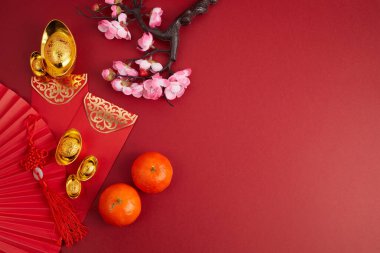 Çin Yeni Yıl Festivali dekorasyonu. Turuncu, kırmızı paket, erik çiçeği ve şanslı para. Çevirisi: On bin dileğin gerçekleşmesine izin ver.