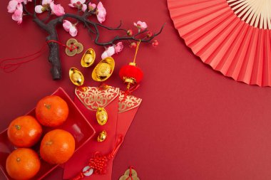 Çin Yeni Yıl Festivali dekorasyonu. Turuncu, kırmızı paket, erik çiçeği ve şanslı para. Çevirisi: On bin dileğin gerçekleşmesine izin ver.