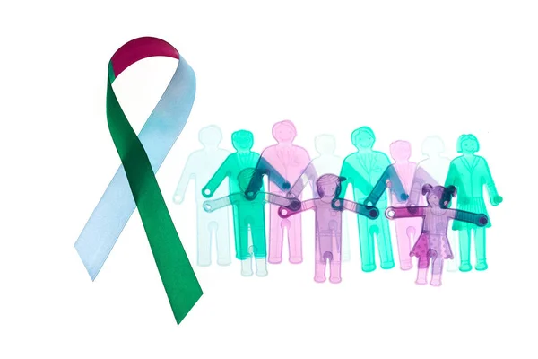 Rare Disease Day Background. Colorful awareness ribbon with group of people with rare diseases. — Stock Photo, Image