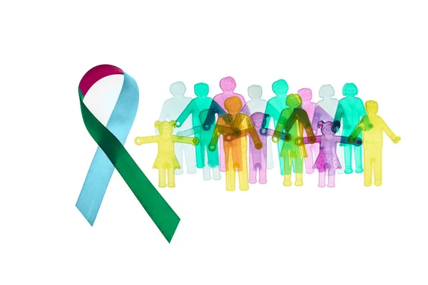 Rare Disease Day Background. Colorful awareness ribbon with group of people with rare diseases. — Stock Photo, Image
