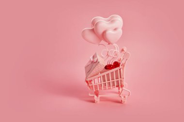 Pembe arka planda pembe alışveriş arabasında kalp şeklinde balonlar. Sezon satışı, bahar alışverişi konsepti. Sevgililer Günü.