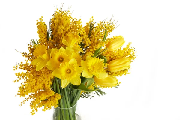 Mimosa, daffodil і тюльпанові квіти букети на білому тлі. Великдень, День матері, день жінок — стокове фото