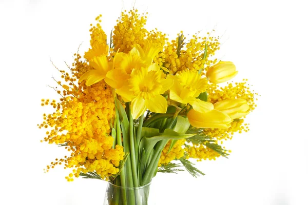 Mimosa, daffodil і тюльпанові квіти букети на білому тлі. Великдень, День матері, день жінок — стокове фото