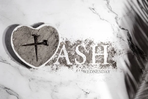 Ash wednesday, crucifix made of ash, dust as christian religion. Lent beginning — Stock Photo, Image