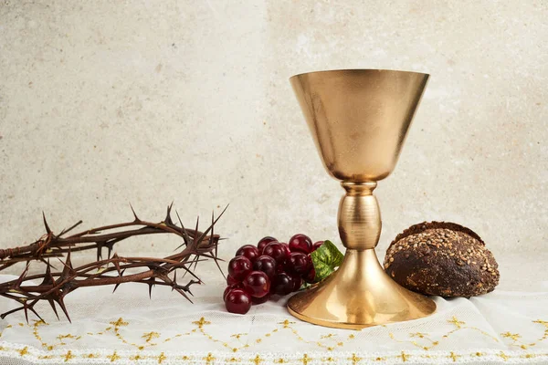 Osterhintergrund mit Dornenkrone und Kelch mit Rotwein als Konzept für Christblut — Stockfoto