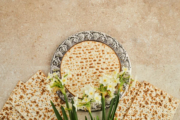 Pesah celebration concept, jewish Passover holiday. Traditional ritual Jewish bread on travertine stone background — Stock Photo, Image