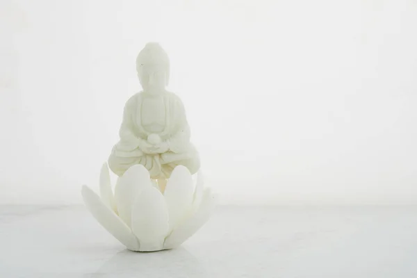 Vesak, Wesak, Buddha birthday. Buddha statue with lotus on white background. Spa ritual. Mental health and meditation. — Stock fotografie