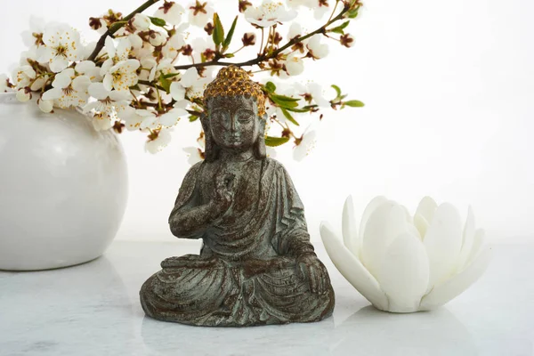 Vesak, Wesak, aniversário de Buda. Estátua de Buda com cereja florescente no fundo branco. Ritual de spa. Saúde mental e meditação. — Fotografia de Stock