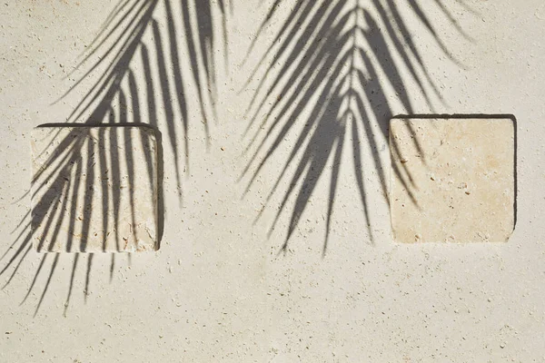 Травертиновый камень дисплей плоский лежал подиум на травертиновом каменном фоне и пальмовой тени. Продвижение продукции Косметическая витрина красоты. — стоковое фото