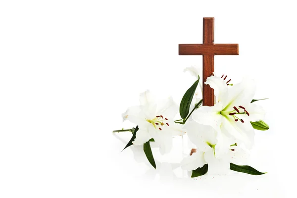 Kříž Liliemi Izolované Bílém Pozadí Velikonoce Křest Karty — Stock fotografie