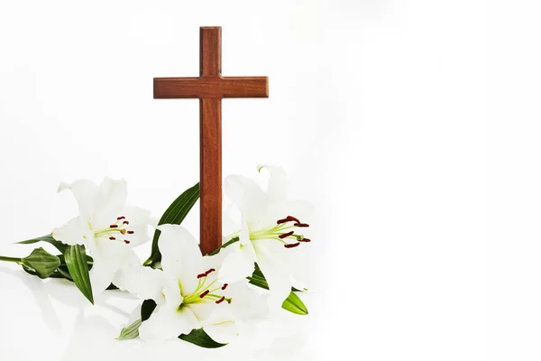 Cross Lilies Isolated White Background Easter Baptism Card — Stok fotoğraf