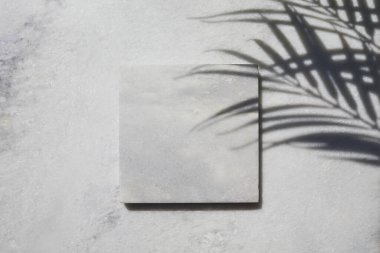 Marble stone display flat lay podium on travertine stone background and palm shadow. Product promotion Beauty cosmetic showcase