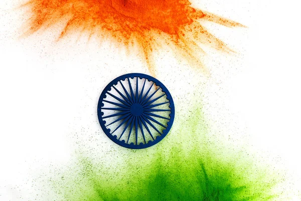 Orange Green Color Powder Splash Ashoka Wheel Concept India Independence — Stock Photo, Image