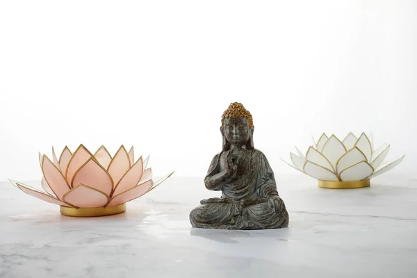 Buddha Statue Water Lotus Marble Background — Stock Fotó
