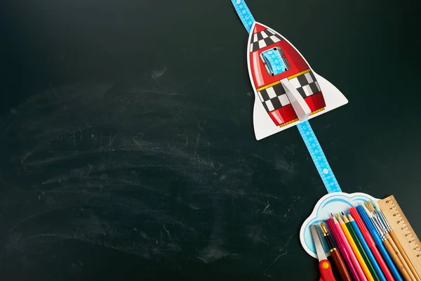 Back School Creative Banner Rocket Ship Launch Pencils —  Fotos de Stock