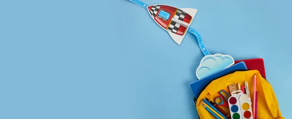 School Backpack Colorful School Supplies Rocket Blue Background — Fotografia de Stock