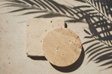 Travertine Taşı, travertin taşından arka planda ve palmiye gölgesinde düz bir podyum sergiliyordu. Ürün tanıtımı Güzellik kozmetik vitrini