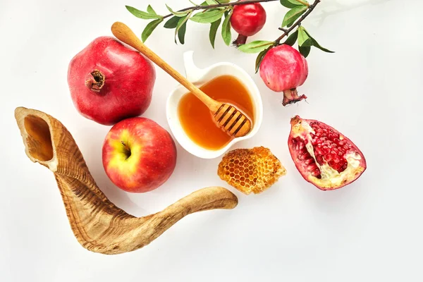 Rosh Hashanah Jewish New Year Holiday Concept Pomegranate Apples Honey — Stok Foto