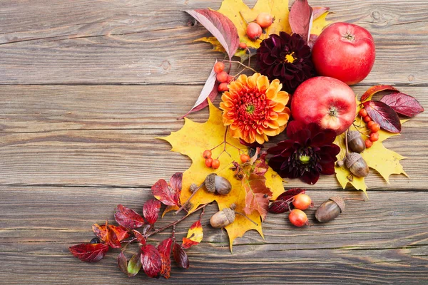 Samenstelling Van Kleurrijke Vruchten Bessen Kegels Bovenaanzicht Houten Achtergrond Herfst — Stockfoto