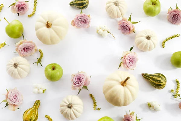 Podzimní Skladba Dýně Květiny Jablka Bílém Pozadí Podzim Podzim Den — Stock fotografie
