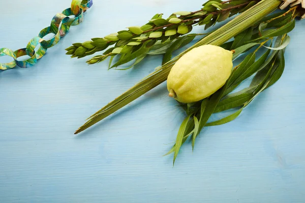 Jewish Festival Sukkot Traditional Symbols Etrog Lulav Citrus Palm — Stock Photo, Image