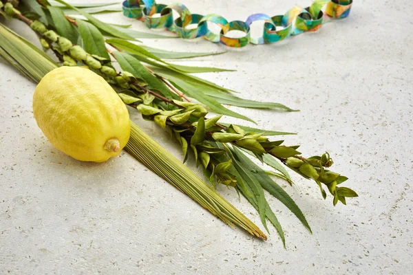 Jewish Festival Sukkot Traditional Symbols Etrog Lulav Citrus Palm — Stock Photo, Image
