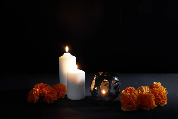 Dia Muertos Día Del Concepto Altar Muerto Composición Calaveras Azúcar —  Fotos de Stock