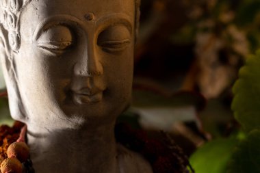 Buda heykeli mihrapta mumlar ve bitkilerle