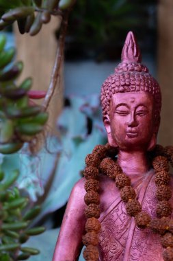 Buda heykeli mihrapta mumlar ve bitkilerle