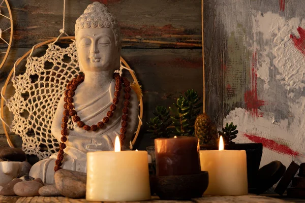 Buddha Statue Image Altar Candles Plants — Foto Stock