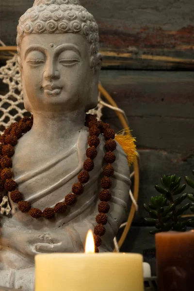Buddha Statue Image Altar Candles Plants — Stock Photo, Image