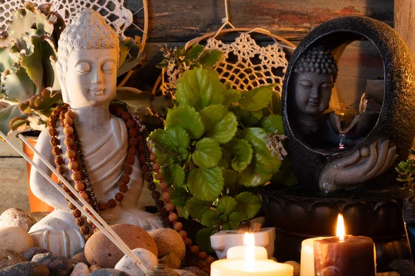 buddha statue image on altar with candles and plants