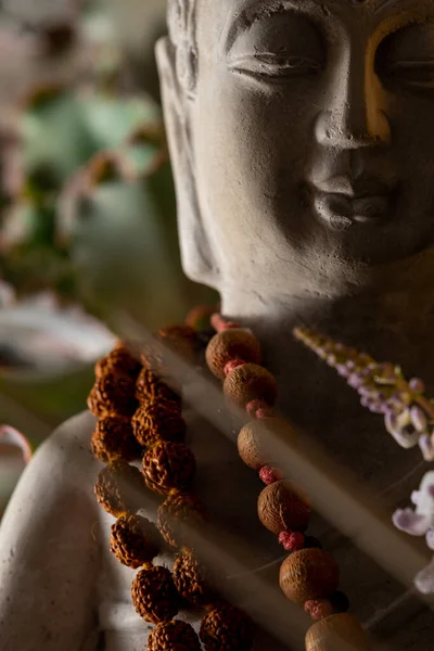 Buddha Statue Image Altar Candles Plants — Photo