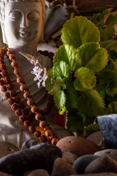 Buda heykeli mihrapta mumlar ve bitkilerle