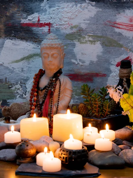 Buddha Statue Image Altar Candles Plants — Zdjęcie stockowe