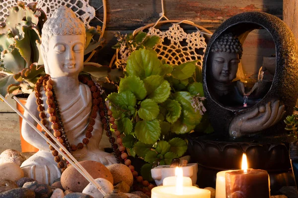 Buddha Statue Image Altar Candles Plants Stockbild