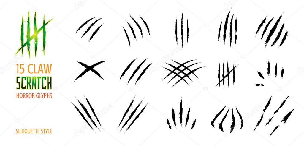 Claw scratch vector illustration. Set of cruel animal scratches horror and grunge concept in silhouette isolated on white background.