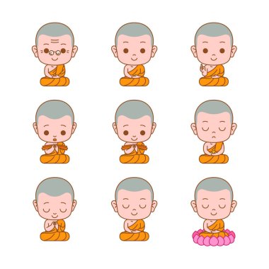 Oturma, meditasyon, öğrenme vb. alanlarda şirin keşiş çizgi çizimi renkli vektör çizimi.