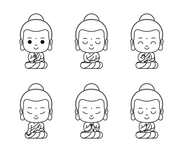 Little Buddha Cartoon Character Meditation Outline Vector Illustration — Stock Vector
