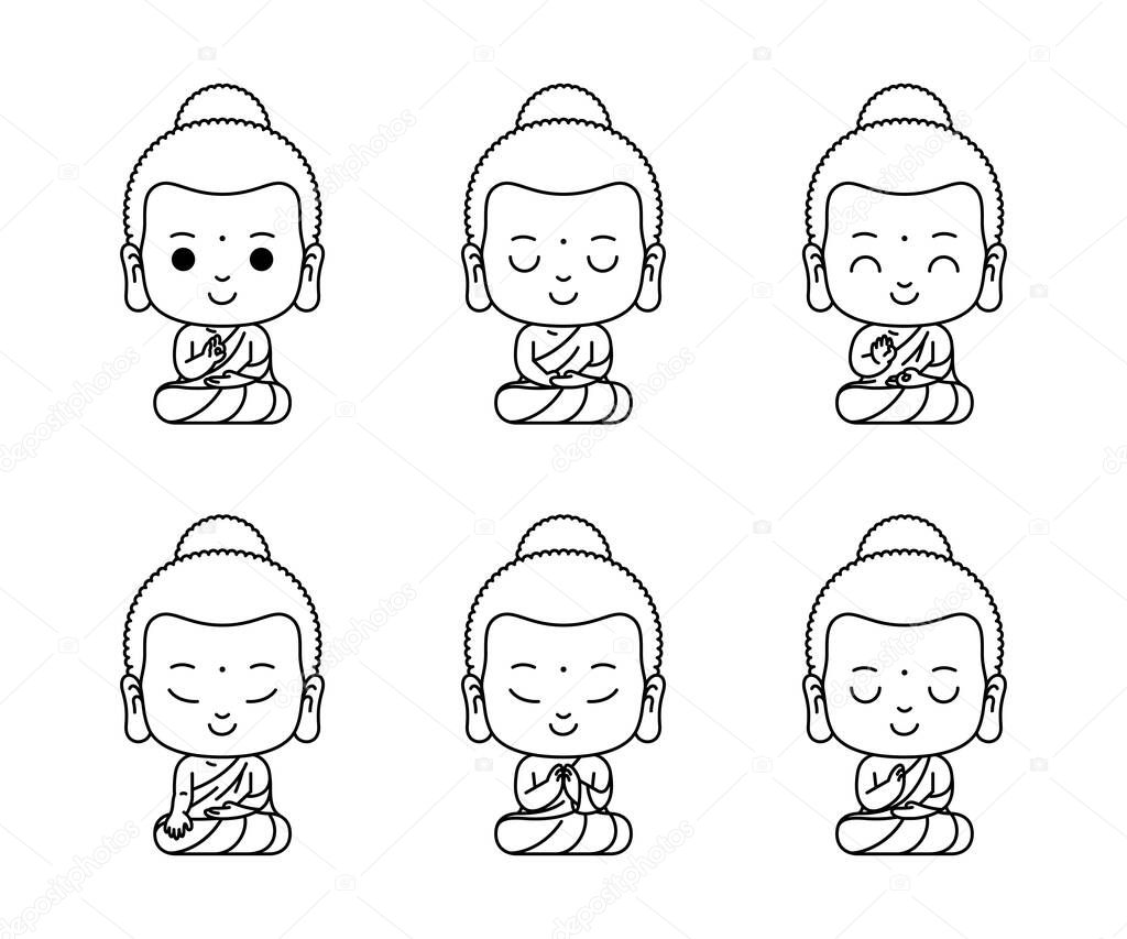 Little buddha cartoon character meditation outline vector illustration