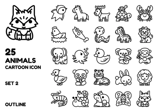 Set Vettoriale Icona Contorno Animale Carino Disegno Del Fumetto Illustrazione — Vettoriale Stock
