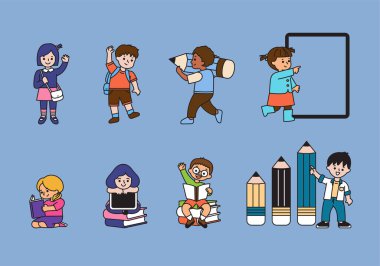 Çocuklar ve öğrenme vektör çizimini tamamladı. Erkekler ve kızlar ilköğretim pozu