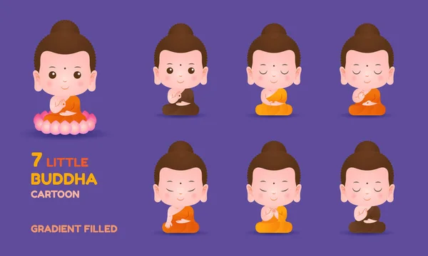 Piccolo Fumetto Buddha Personaggio Meditazione Gradiente Riempito Vettoriale Set Illustrazione — Vettoriale Stock