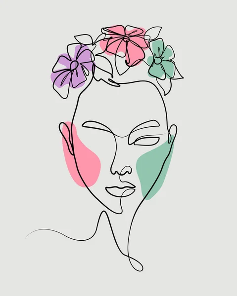 Abstrato Mulher Rosto Cartaz Decorar Com Floral Adorno Florescer Linha — Vetor de Stock