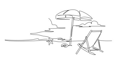 Deniz sahili bir çizgi çiziyor. Çizgi sanatı yaz plajı açıkhava vektörü. Konturing el çizimi.