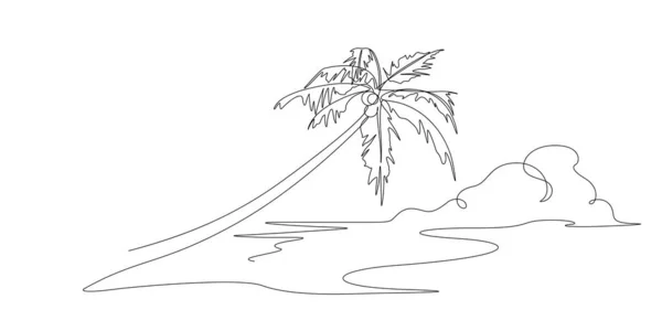 ヤシの木のシーンを持つ海のビーチ1行のイラストを描く ウェブバナーの装飾や夏の観光のコンセプトのための輪郭線アートスタイルベクトル — ストックベクタ