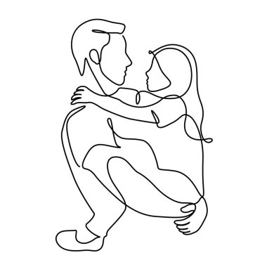 Baba, kızının sanat çizgisi illüstrasyonunu taşıyor. Bir çizgi çizimi ve sürekli biçim